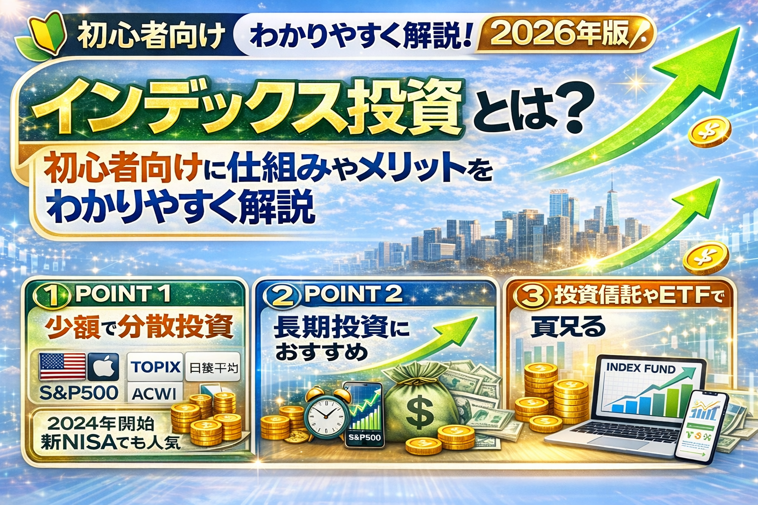 インデックス投資とは？初心者向けに仕組みやメリットを解説する投資イメージ