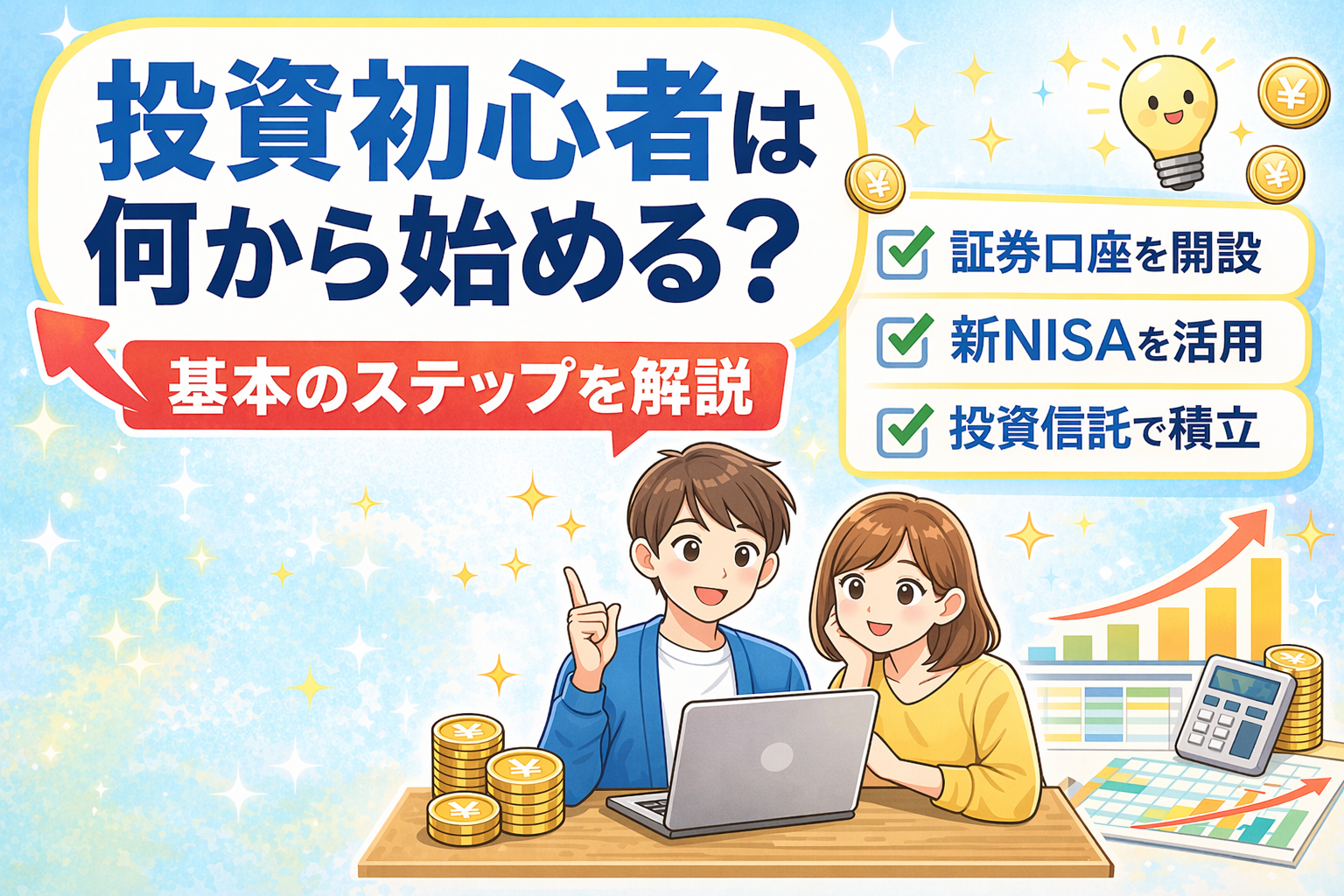 投資初心者向けに、証券口座の開設・新NISAの活用・投資信託の積立という基本ステップを紹介する図解イメージ