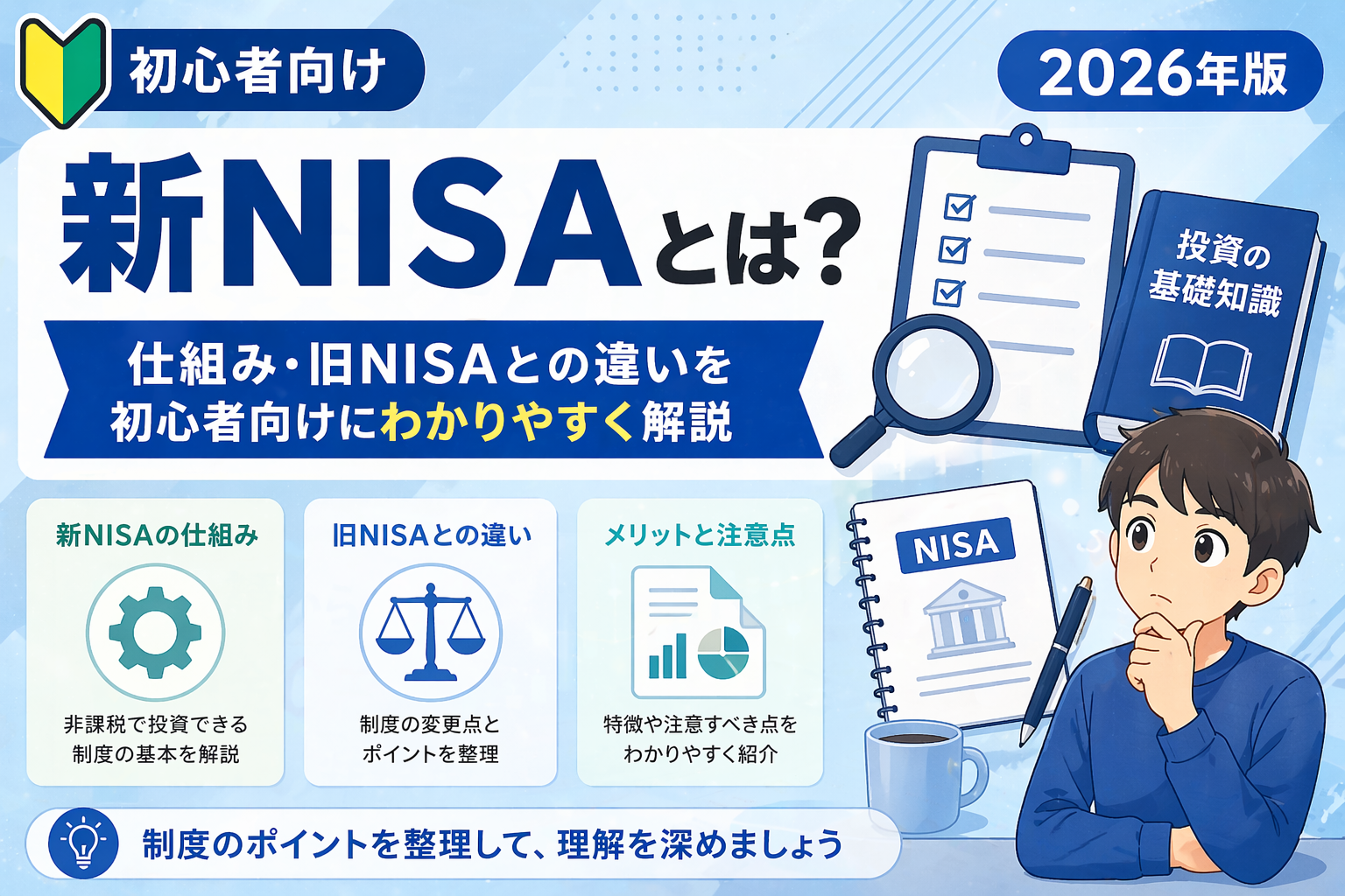 新NISAの仕組みや旧NISAとの違いを初心者向けに整理した図解イラスト