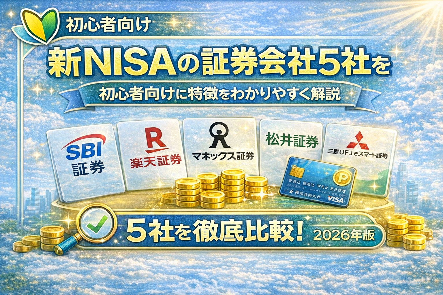新NISAの証券会社5社を比較した初心者向け解説イメージ（SBI証券・楽天証券・マネックス証券・松井証券・三菱UFJ eスマート証券）