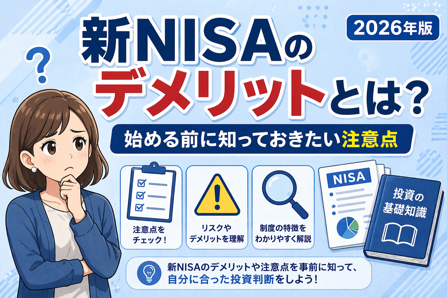 新NISAの注意点やデメリットを初心者向けにまとめた図解イラスト