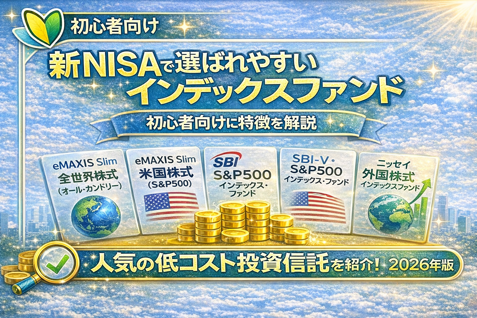 新NISAで選ばれやすいインデックスファンドを初心者向けに解説した比較イメージ（全世界株式・S&P500など代表例）