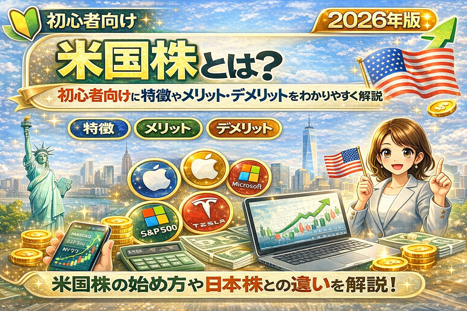 米国株とは？初心者向けに特徴やメリット・デメリット、日本株との違いを解説するイメージ